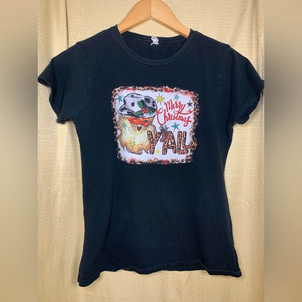 Cowboy Santa Merry Christmas Yall Black T shirt Small